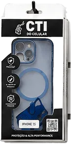 Capinha CTI azul para iPhone 15 na embalagem