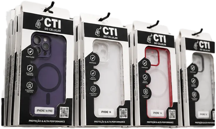 Capinhas transparentes da marca CTI do Celular em embalagem
