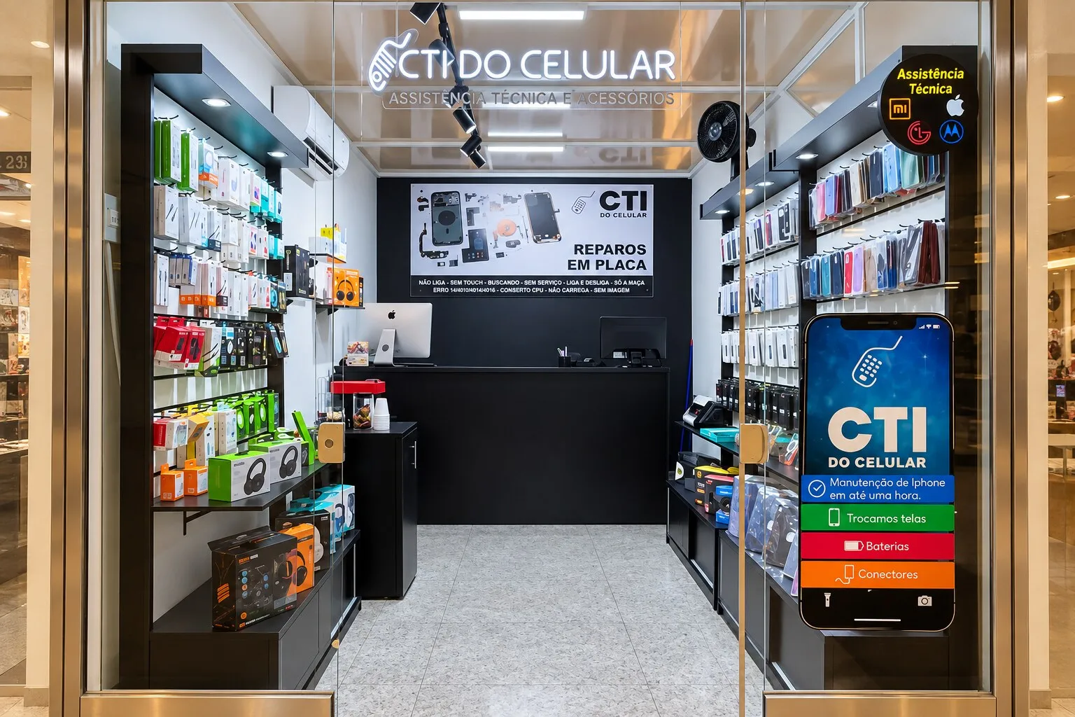 Loja CTI do Celular no MorumbiShopping, com fachada de vidro, vitrines de acessórios e o painel Reparos em placa
