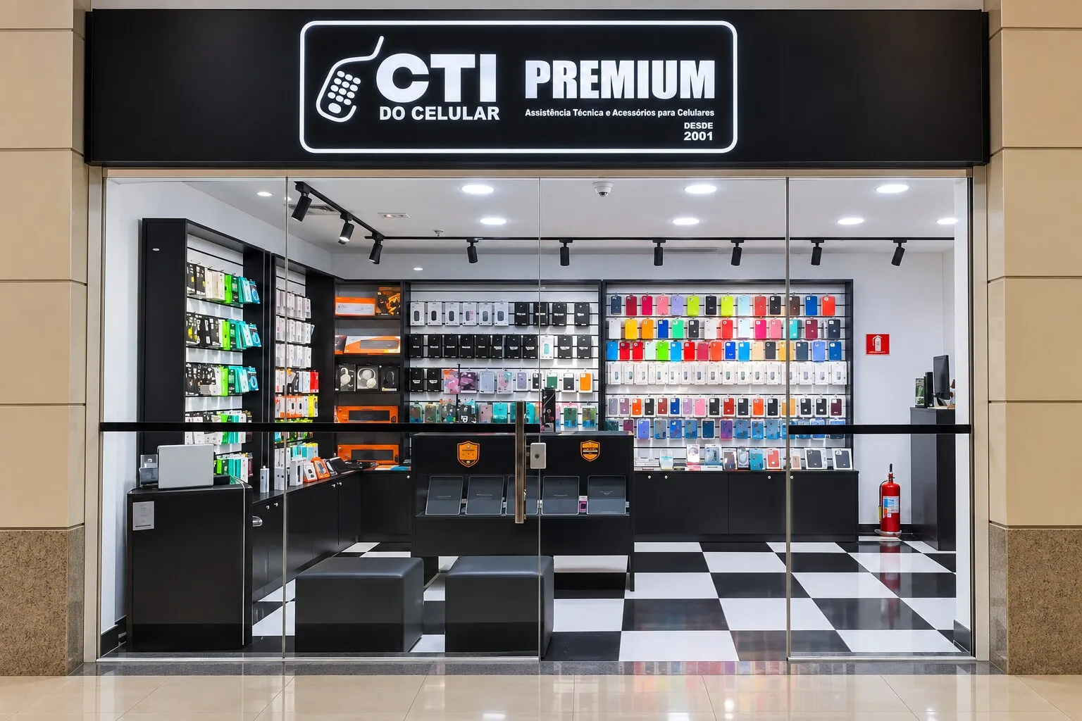 Loja CTI Premium no Shopping Nações Unidas, com paredes de capinhas coloridas e piso xadrez