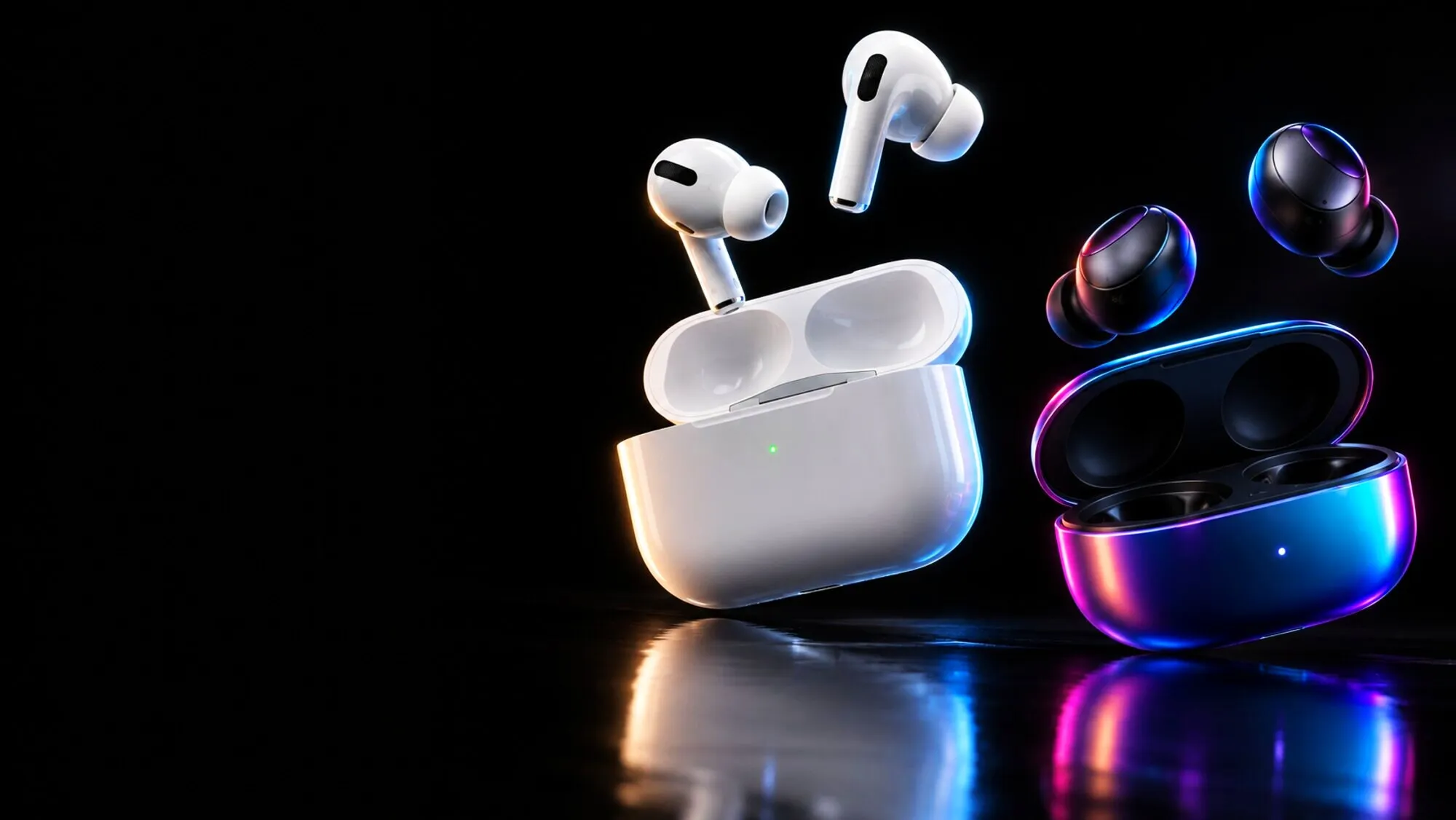 Fones sem fio brancos e pretos com seus estojos