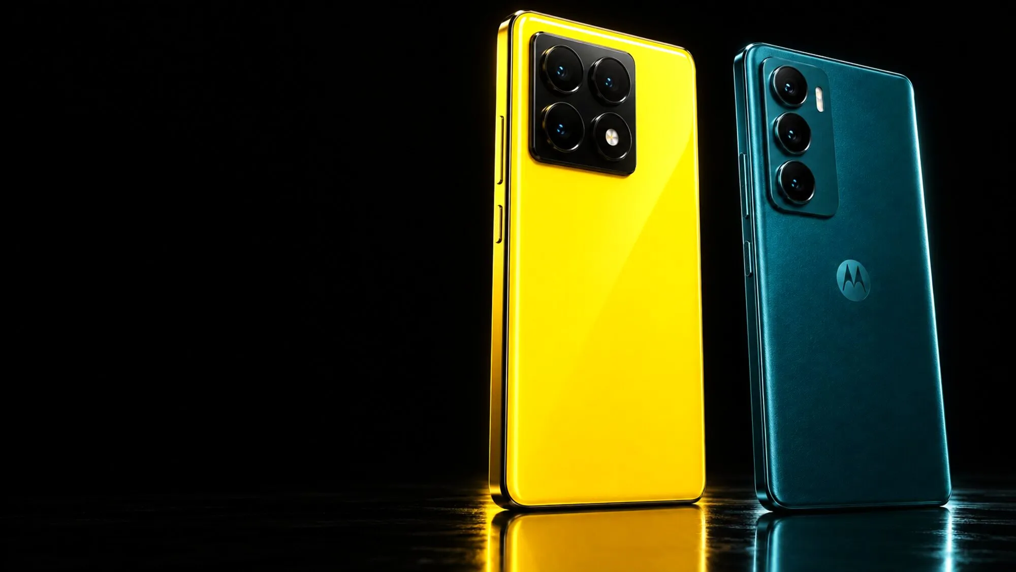 Xiaomi amarelo e Motorola verde vistos de costas